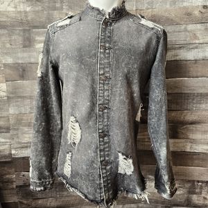 D&W Distressed Black Denim Jacket Mens Medium
